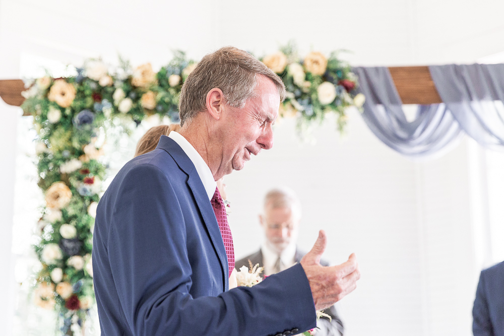 Annie Elise Photography | Ceremony | Clark's Chapel Inside | Flower Arbor | Slate Blue Wedding | Powerful emotional prayer | Wedding blessing | Father of the Bride
