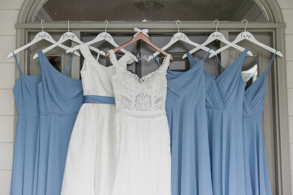 Annie Elise Photography | David's Bridal dusty blue bridesmaid dress | Personalized wedding hangers