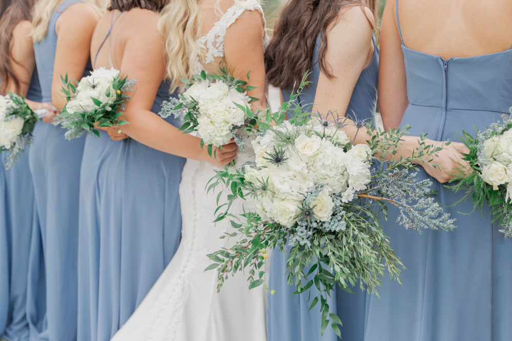Wedding bouquets from back | Dusty blue bridesmaid dresses