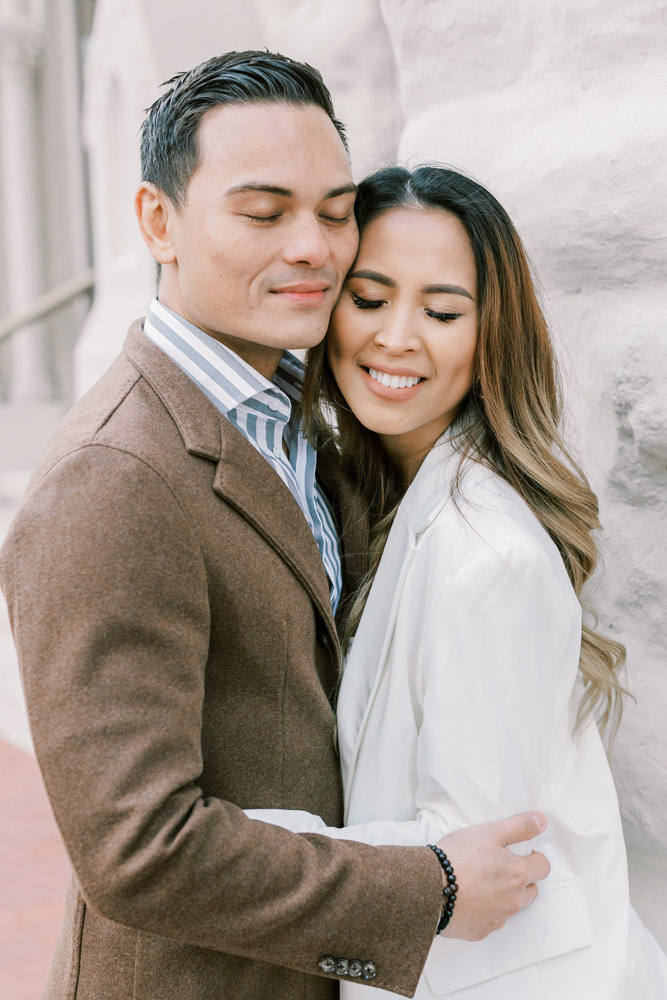 Vietnamese Couple Hugging downtown dallas fort worth | Texas engagement photographer | fine art session