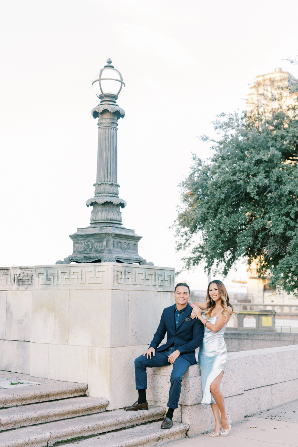 Downtown Dallas Fort Worth Styled Engagement in Texas | Asian american outfit inspiration | blue silk dress, grey blazar, navy suite | Annie Elise Photography