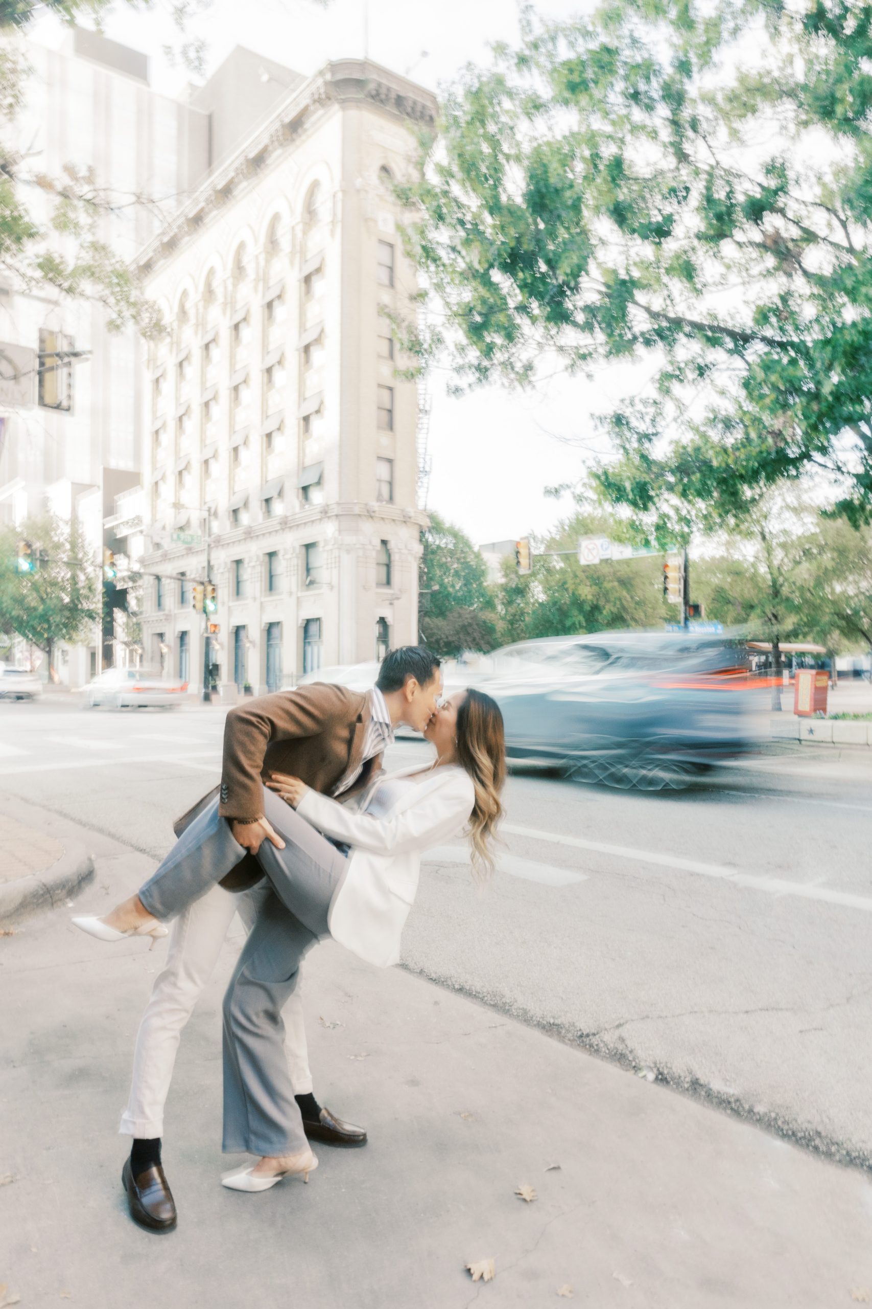 Motion blur styled engagement session | Annie Eise Photography | brown wool suite